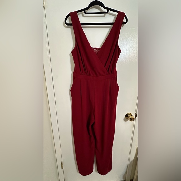 GUC LULUS Kiska Burgundy Lace Wide-Leg V-Neck Jumpsuit - Picture 3 of 13